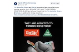 A Facebook ad, posted by 'Hands Off Our Democracy', with text, Get Up and The Greens logo and a fist clenching cash.