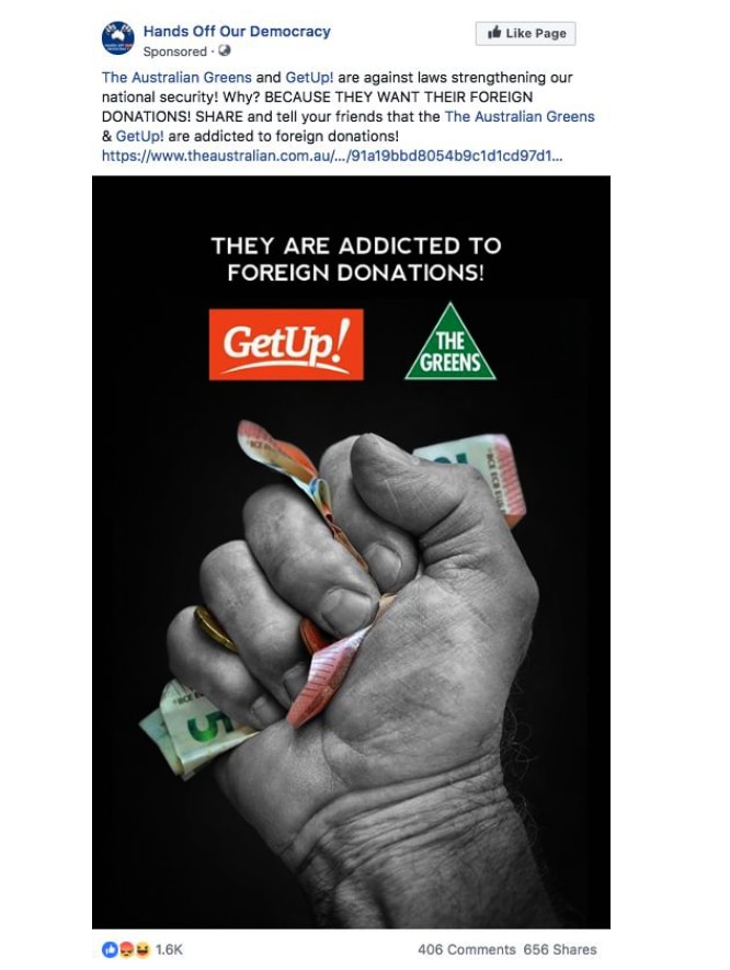 A Facebook ad, posted by 'Hands Off Our Democracy', with text, Get Up and The Greens logo and a fist clenching cash.