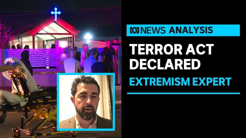 Terror Act Declared, Extremism Expert: People mingle outside a church with an inset photo of a man in a beard in an interview.