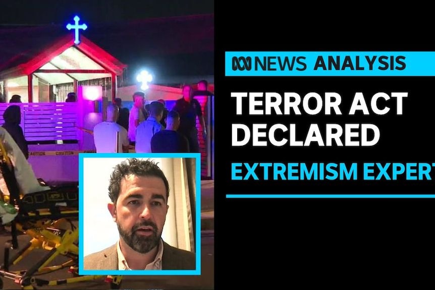 Terror Act Declared, Extremism Expert: People mingle outside a church with an inset photo of a man in a beard in an interview.