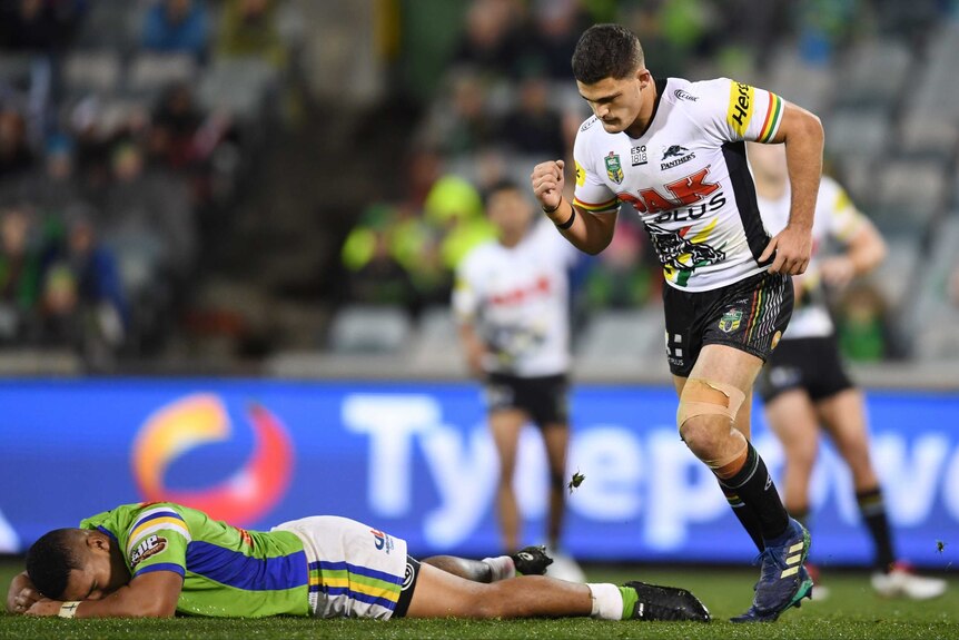 Nathan Cleary pumps his fist after kicking the winning field goal against Canberra.
