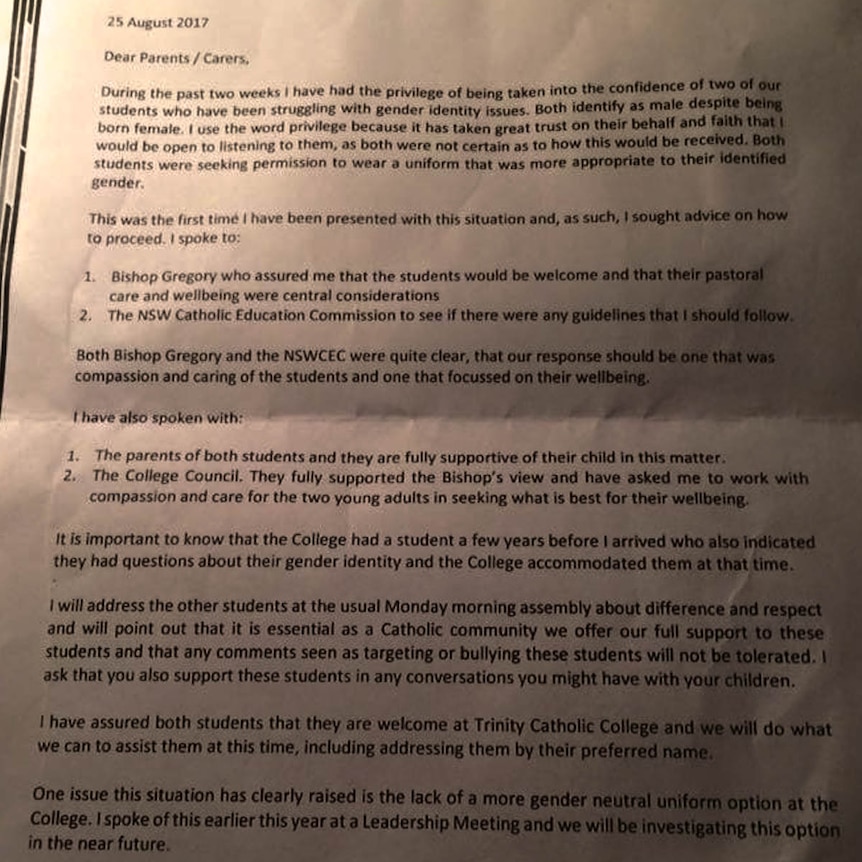 Letter to parents from Trinity Catholic College Lismore principal