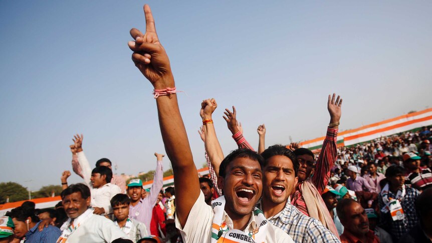 Indian congress supporters cheering Rahul Gandhi