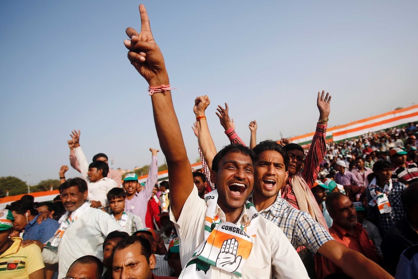 Indian congress supporters cheering Rahul Gandhi