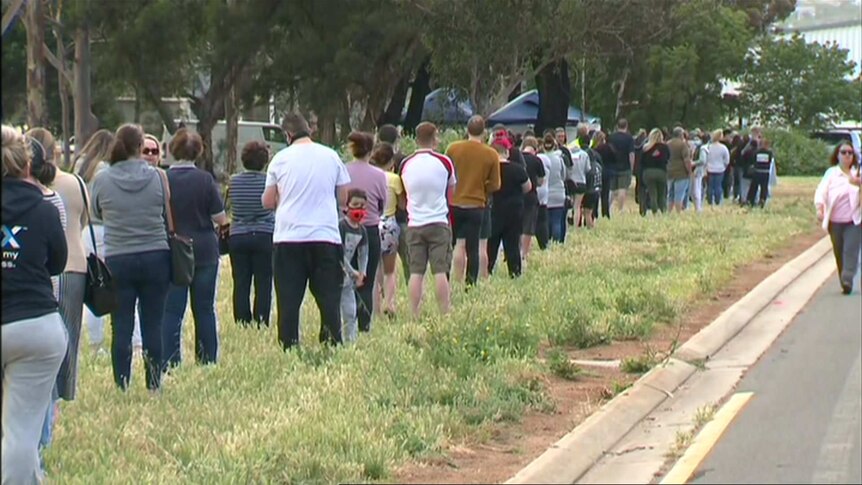 A queue of hundreds of people stand in line at a pop-up testing clinic