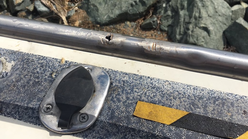 Damage to a boat after collision with a humpback whale