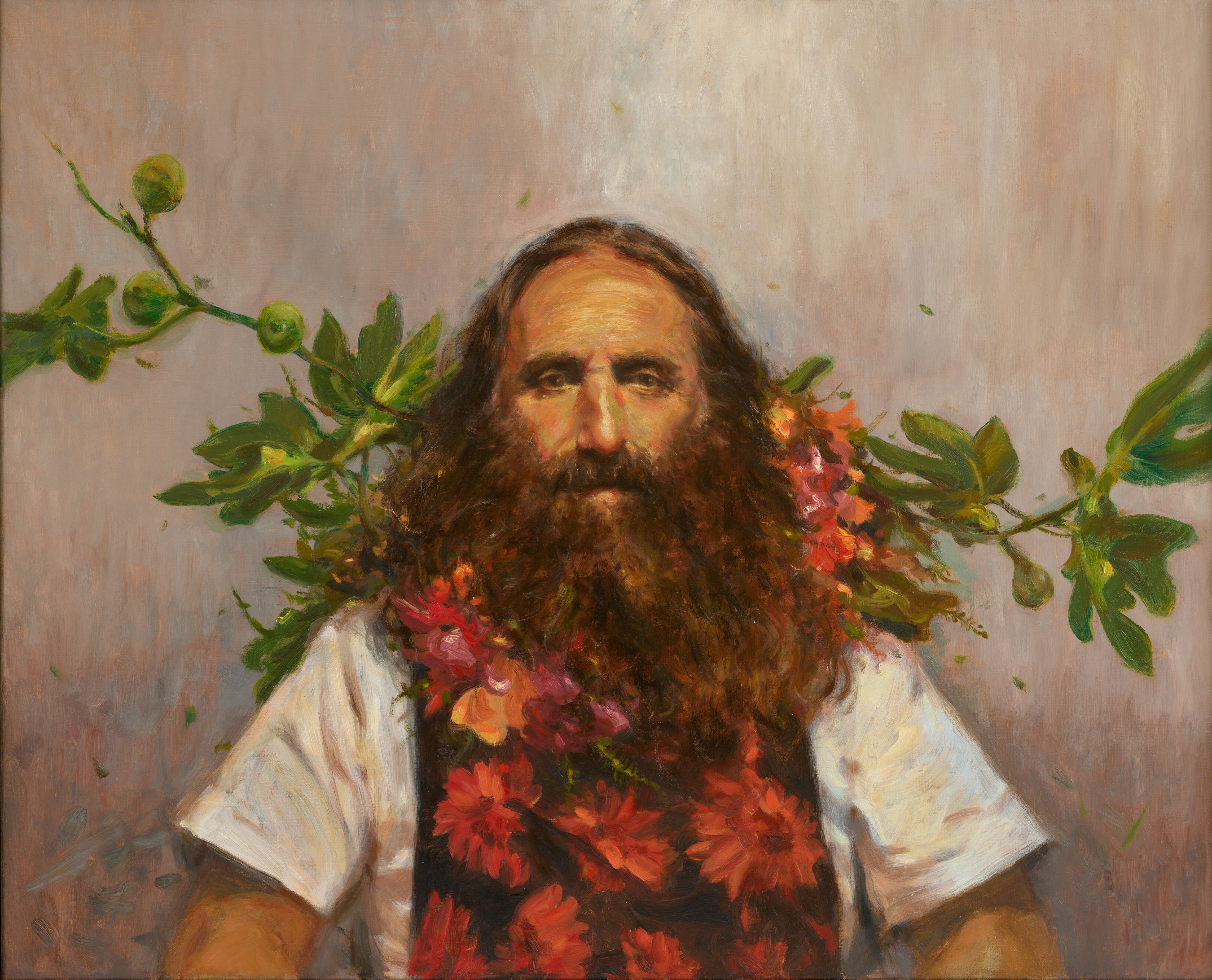 A painting of a man with long brown hair and beard, wearing a white t-shirt and floral apron; a leafy vine behind his head