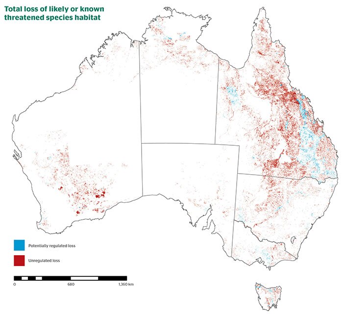 Map showing loss of likely or known threatened-species habitat