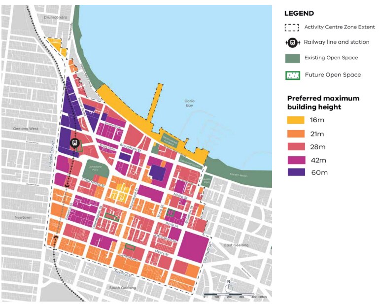 A map of building heights in Geelong city centre.