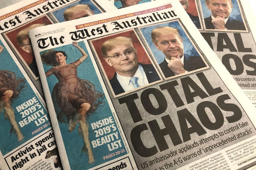 The front page of The West Australian newspaper depicting Scott Morrison and Bill Shorten with Donald Trump's hair.
