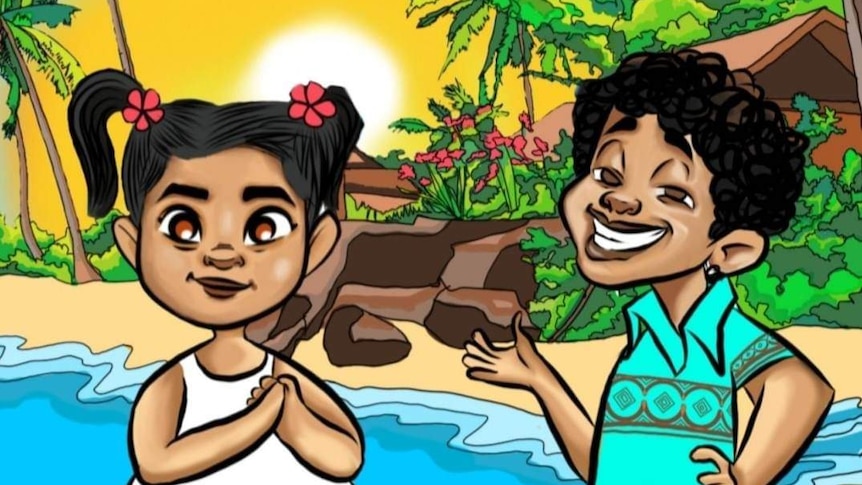 cartoon drawing of boy and girl in front of water.