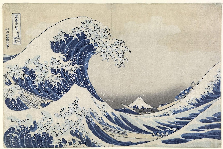 Hokusai's woodblock print, The Great Wave off Kanagawa, which shows a wave rising up. Mt Fuji is the background.