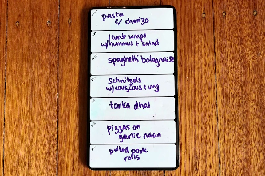 Photograph of a whiteboard divided into days with one meal listed per day.