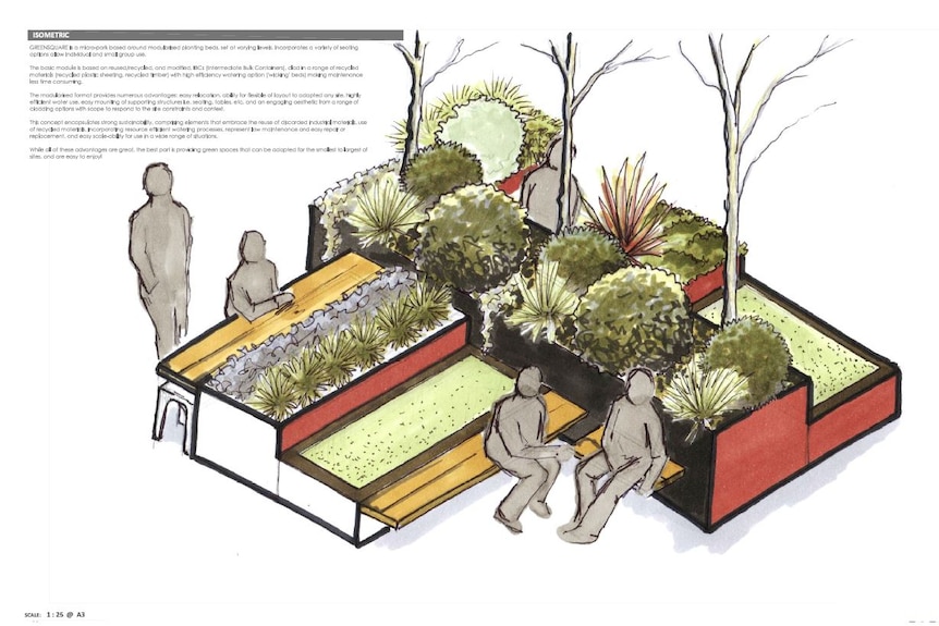 A design for a seating along raised planting beds.