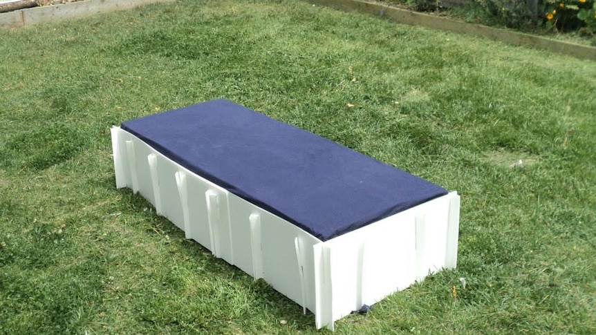 A disposable bed designed and built in Hobart sitting on a lawn.