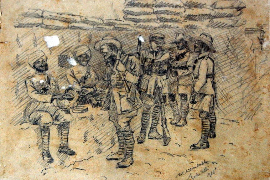 A sketch of Australian and Indian soldiers at Gallipoli