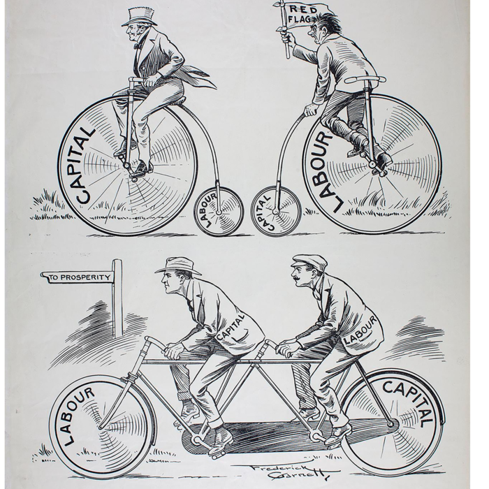 Men on different sized bikes representing toryism, socialism and liberalism. Text reads "Liberalism - The Right Way"