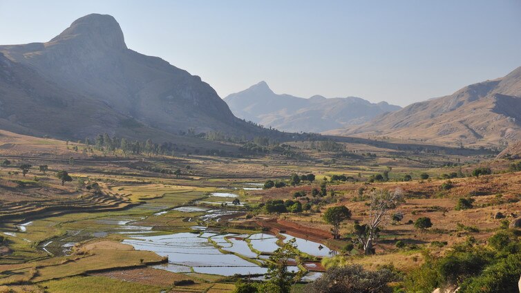 A landscape shot shows the mountainous geography of Madagascar where fieldwork was carried out
