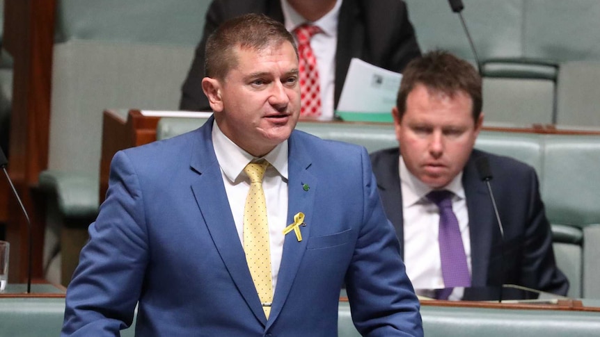 O'Brien is wearing a blue suit, standing up, while Barnaby Joyce sits next to him looking up.