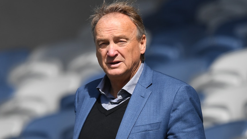 A photo of former Geelong Cats CEO Brian Cook standing at Kardinia Park in 2019.