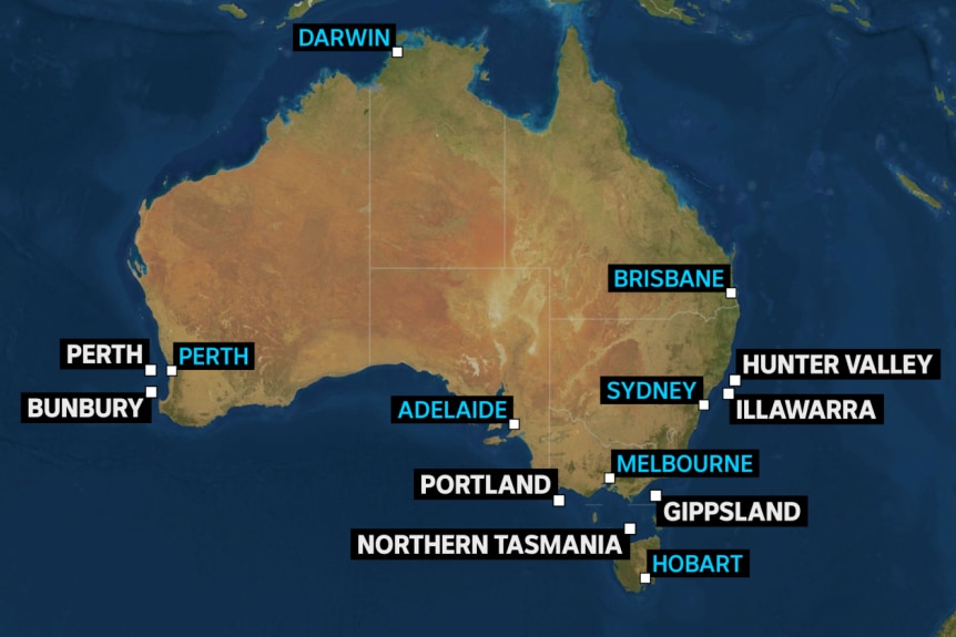 A map of Australia with wind zones marked in various locations.