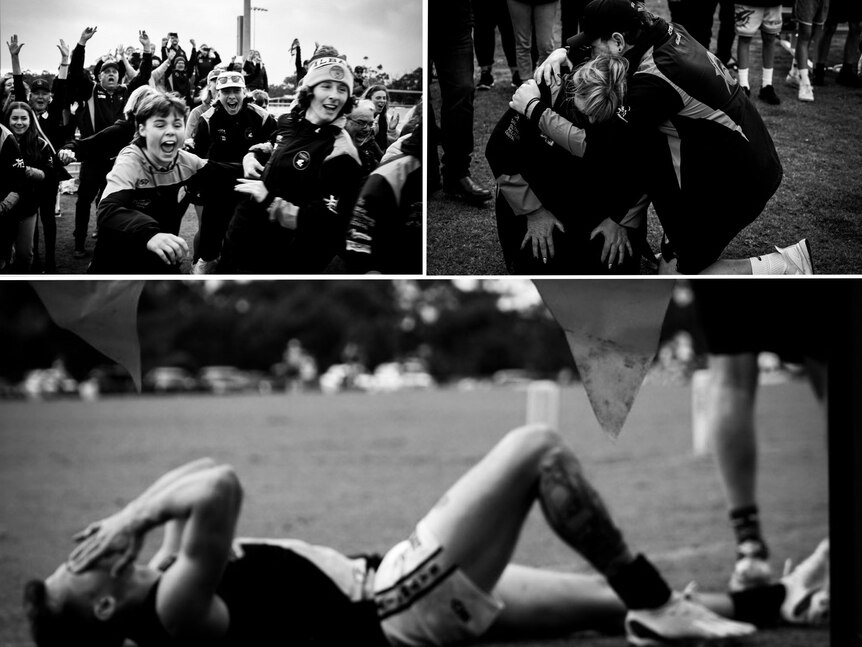 A collage of three photos - a crowd erupting at a football game, players huddling, a player laying down on the field.