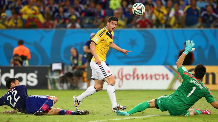 James Rodriguez scores against Japan