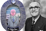 A vintage black and white photograph of a man in suit and glasses alongside a more cartoon-inspired colourful portait of him.