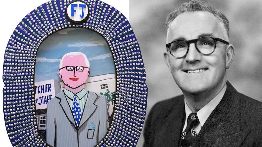 A vintage black and white photograph of a man in suit and glasses alongside a more cartoon-inspired colourful portait of him.