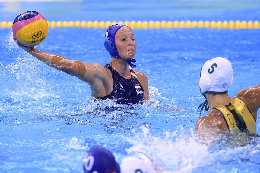 Hungary's Dora Antal vies for ball with Australia's Keesja Gofers