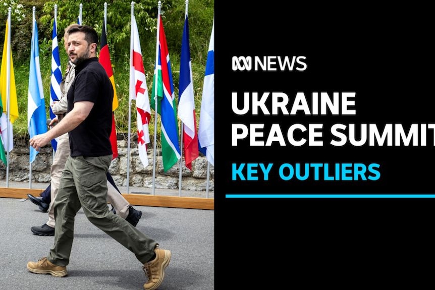 Ukraine Peace Summit, Key Outliers: Ukrainian President walking along road with various countries' flags.