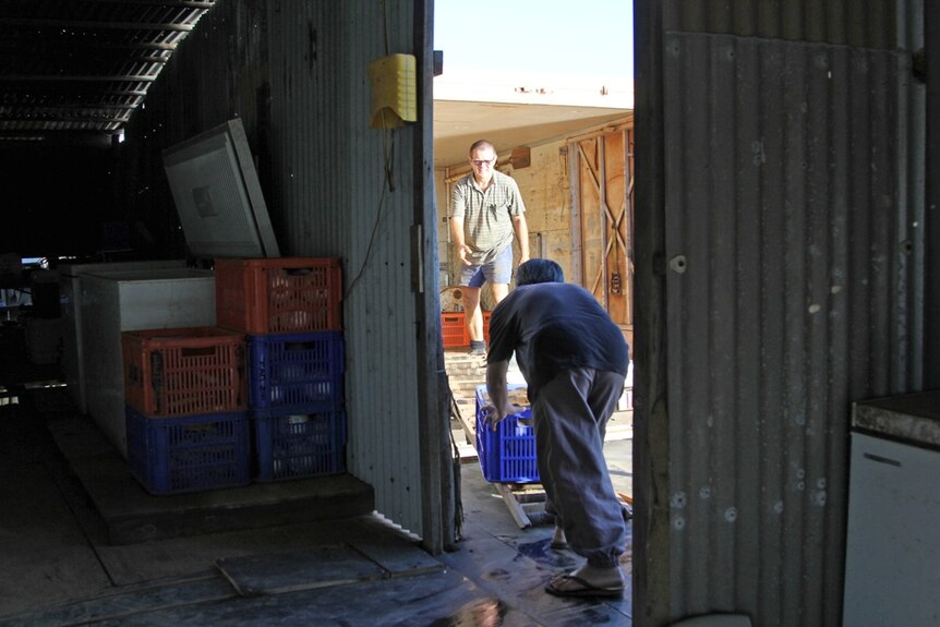 two men loading a truck, viewed from inside a tin shed