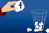 An illustration of a scrunched up paper with Facebook logo on it being thrown into bin