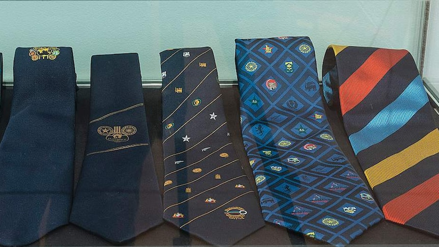 A selection of ties worn by teams in the Cricket World Cup, from the Bradman Museum Collection, on display at the Canberra Museum and Gallery.
