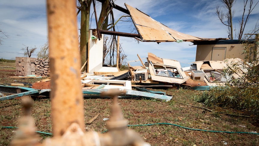 Some of the flattened remains of the Pardoo Roadhouse in the wake of Cyclone Ilsa.