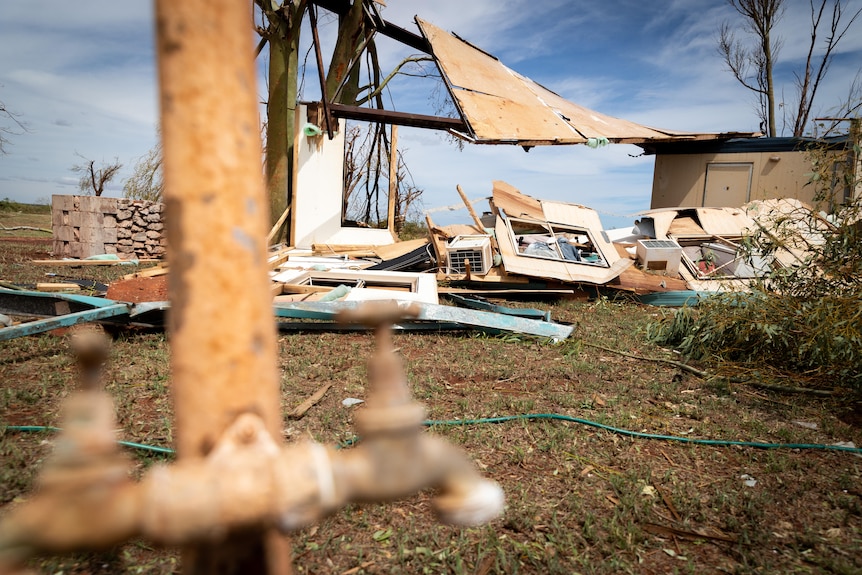 Some of the flattened remains of the Pardoo Roadhouse in the wake of Cyclone Ilsa.