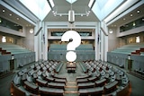 A photo of the House of Representatives with a question mark superimposed over the top.