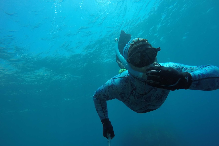 Ash Gibb diving holding his camera and mask.