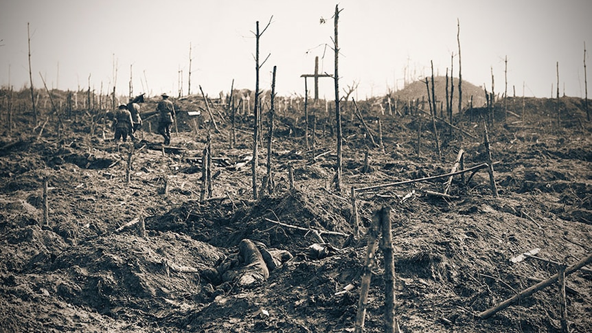 A WW1 battlefield, a landscape of mud and thin tree trunks stripped off leaves, a decimated landscaped.