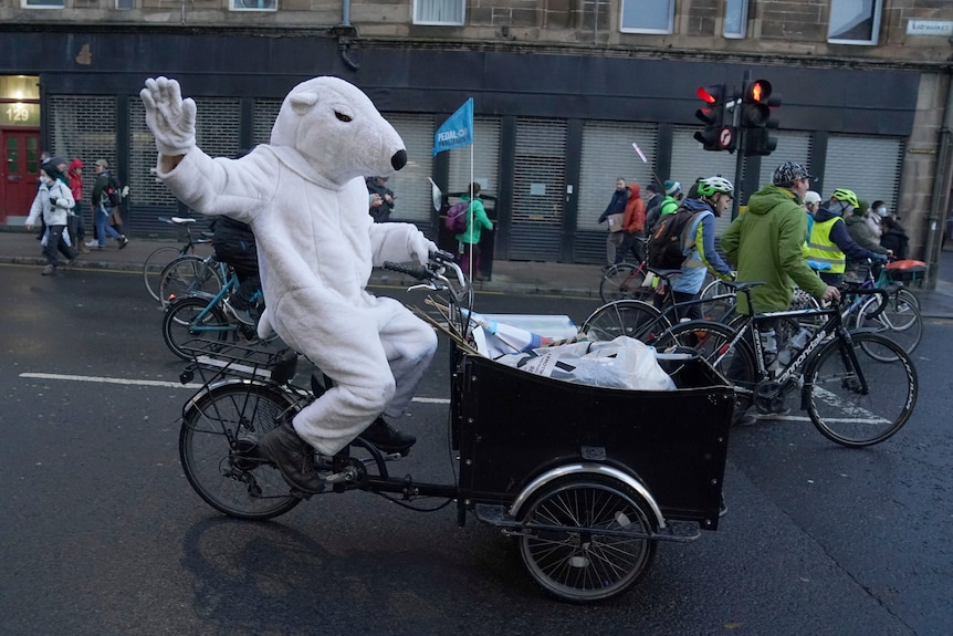 A person waves while wearing a polar bear suit and riding a bicycle