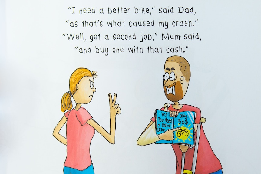 An illustration of a man on crutches pointing toan  expensive bike in a magazine, His wife says you need a second job.