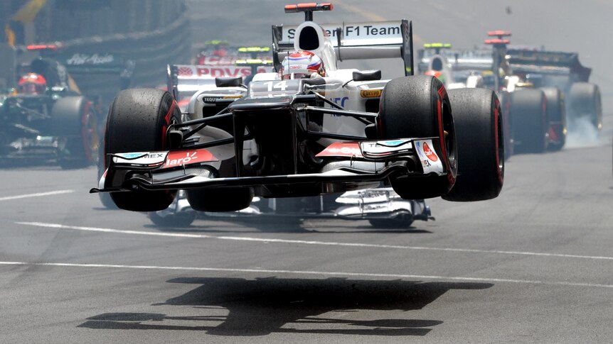 Kamui Kobayashi crashes during Monaco F1 Grand Prix.