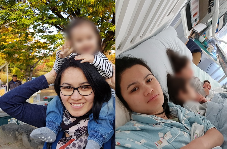 Left: Judy holds her baby daughter on her shoulders in the park. Right: Judy looking sad with her two kids in bed.