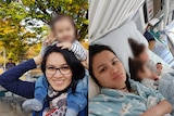 Left: Judy holds her baby daughter on her shoulders in the park. Right: Judy looking sad with her two kids in bed.