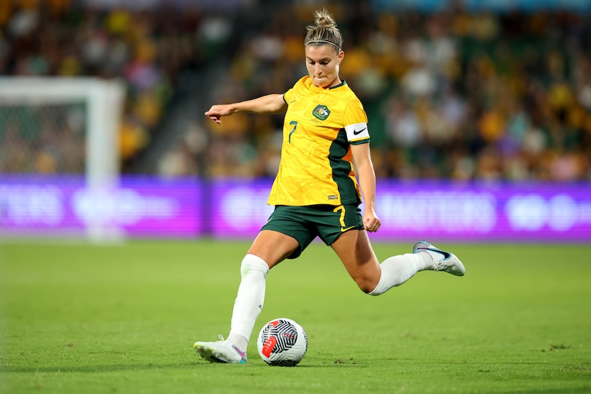 A soccer player wearing yellow and green kicks the ball during a game with a crowd in the background