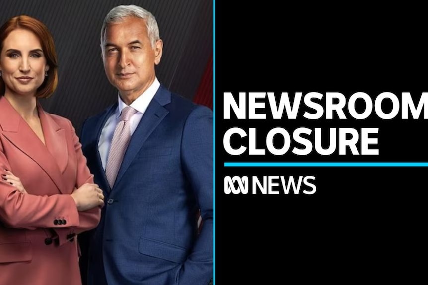 Newsroom Closure: Man and woman in suits pose for promotional shot