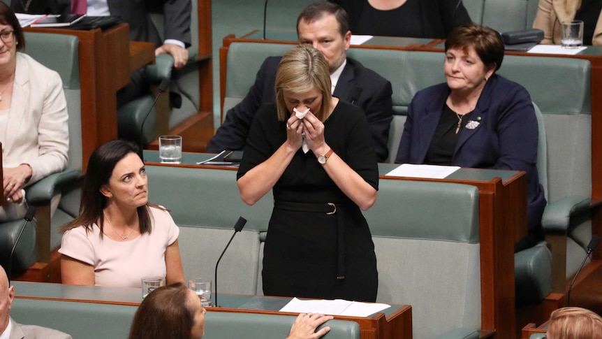 Susan Lamb blows her nose while MPs sitting all around her look on with sombre expressions.