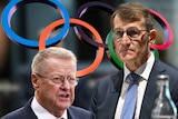 A graphic of John Coast and Graham Quirk in front of Olympic rings.