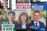 A three-panel composite image of political posters for Gabrielle de Vietri, Lauren O'Dwyer and Lucas Moon.