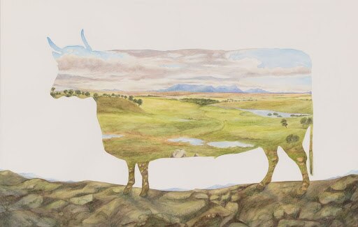A cut-out shape of a massive ox, filled in with a watercolour scene of pastural land.